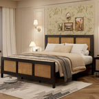 Black Rattan Headboard & Footboard Platform Bed Frame, Full/Queen/King, 2-Person