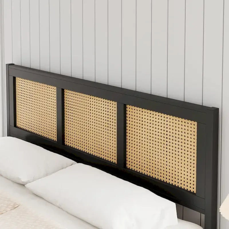 Black Rattan Headboard & Footboard Platform Bed Frame, Full/Queen/King, 2-Person