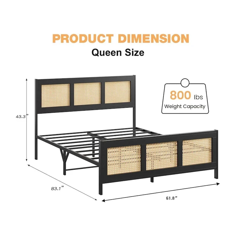 Black Rattan Headboard & Footboard Platform Bed Frame, Full/Queen/King, 2-Person