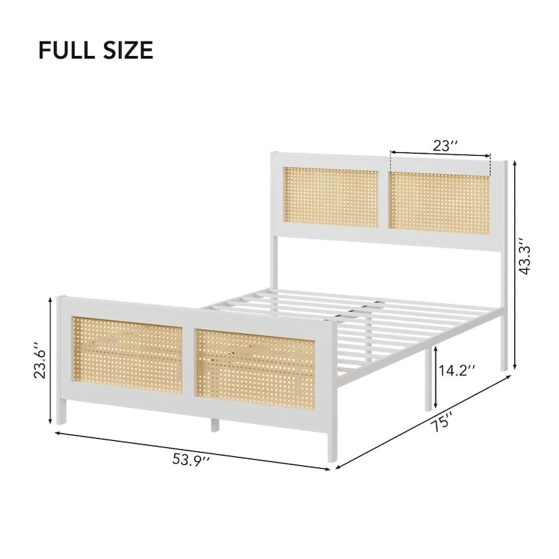 Black Rattan Headboard & Footboard Platform Bed Frame, Full/Queen/King, 2-Person