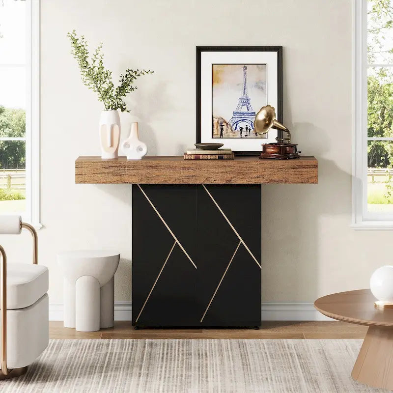 White/Black T-Shape Console Table with LED Light, Entryway Sofa Table