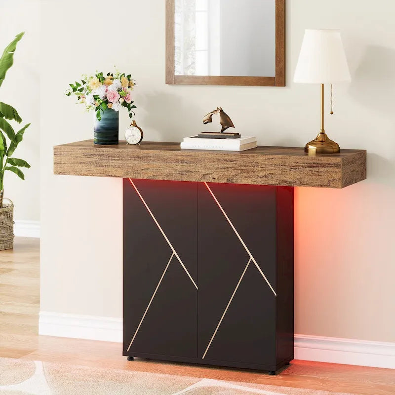 White/Black T-Shape Console Table with LED Light, Entryway Sofa Table