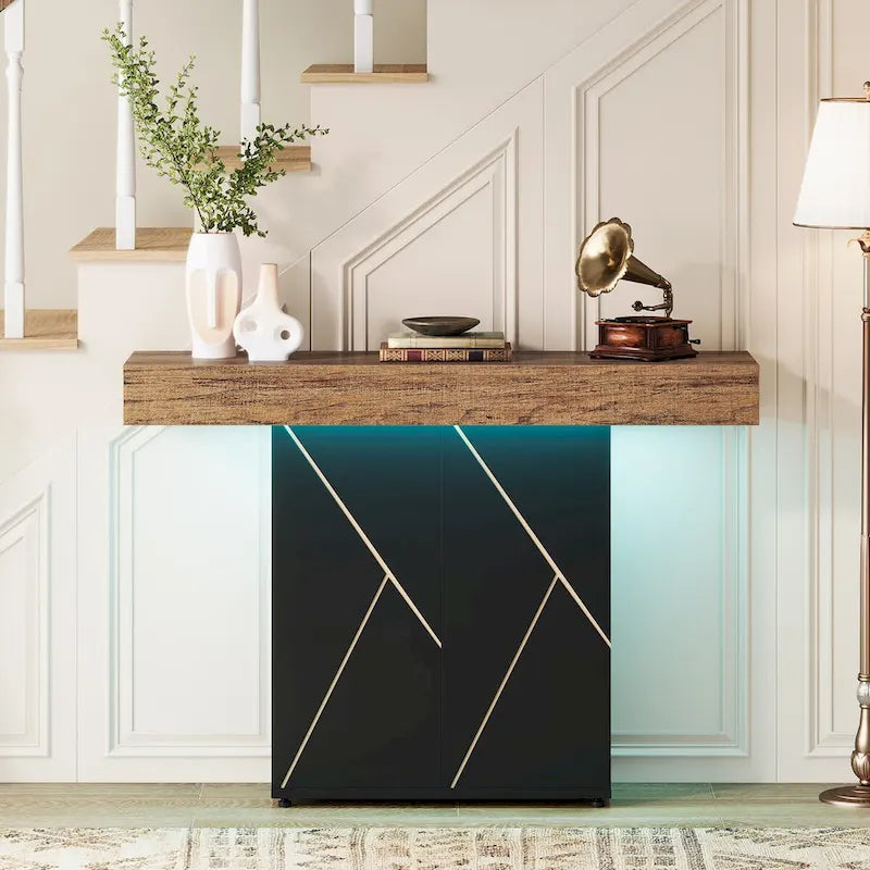 White/Black T-Shape Console Table with LED Light, Entryway Sofa Table
