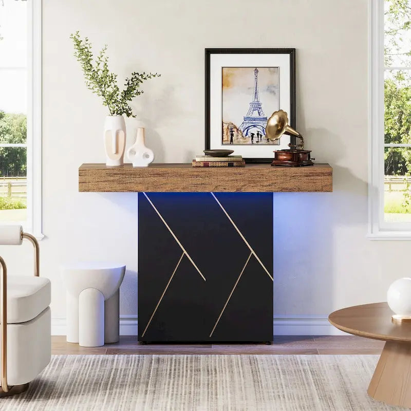 White/Black T-Shape Console Table with LED Light, Entryway Sofa Table