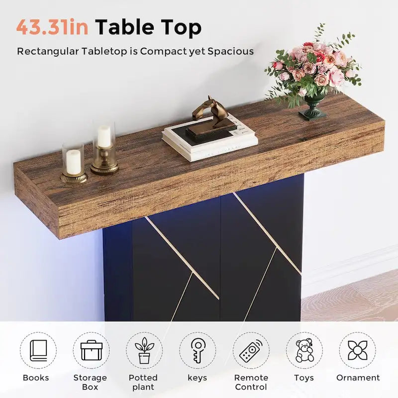 White/Black T-Shape Console Table with LED Light, Entryway Sofa Table