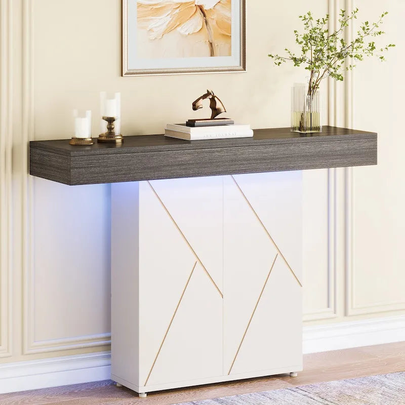 White/Black T-Shape Console Table with LED Light, Entryway Sofa Table