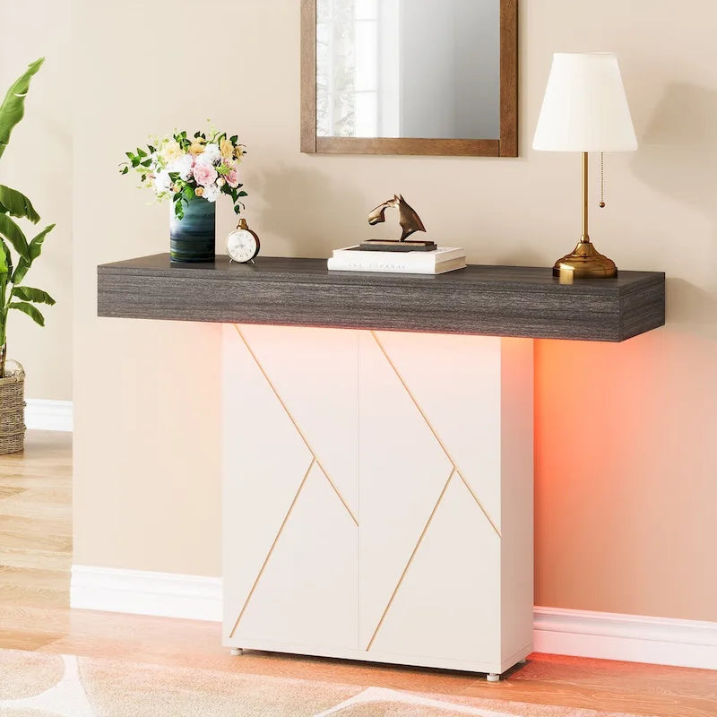 White/Black T-Shape Console Table with LED Light, Entryway Sofa Table