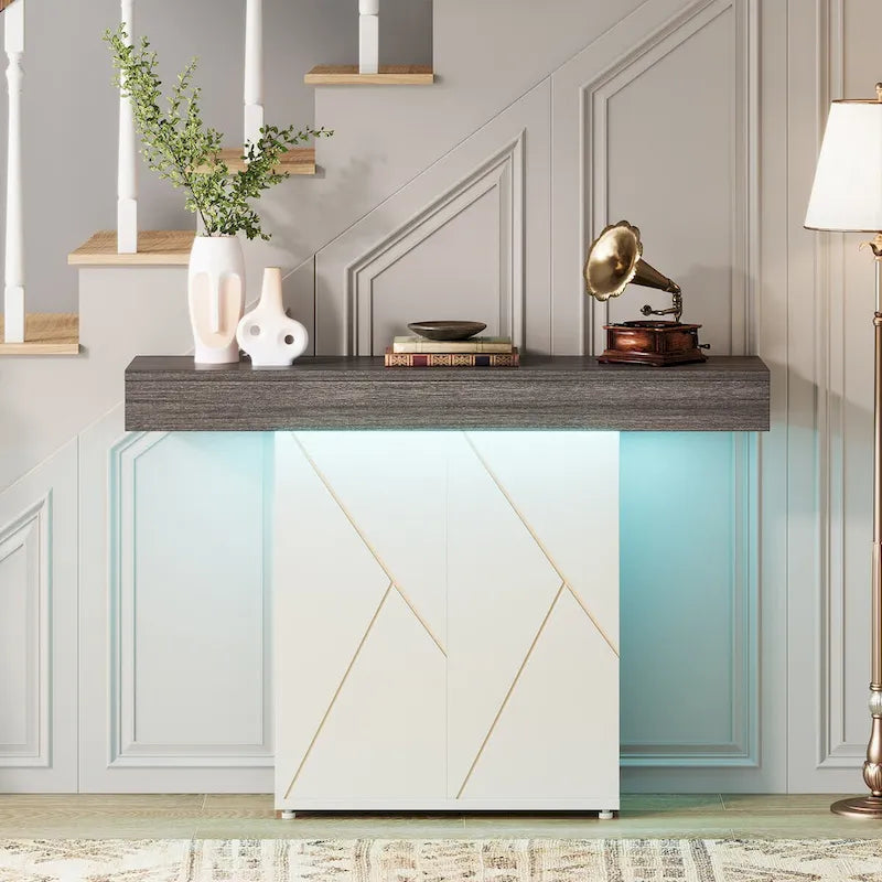 White/Black T-Shape Console Table with LED Light, Entryway Sofa Table