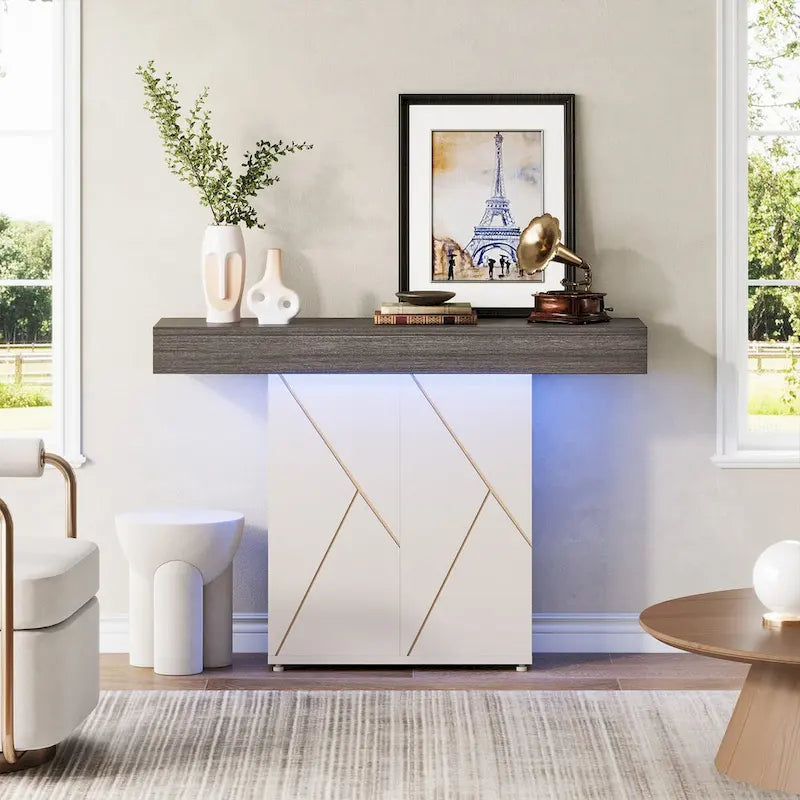 White/Black T-Shape Console Table with LED Light, Entryway Sofa Table