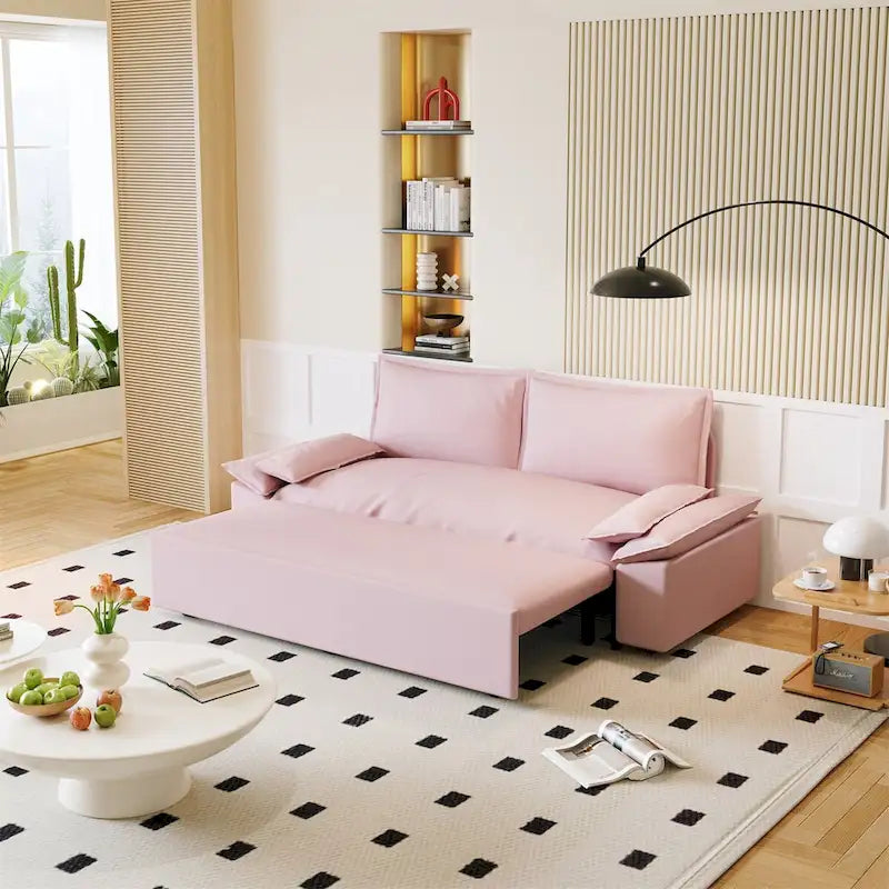 Pink Velvet 3-in-1 Pull-Out Queen Sofa Bed, 2-Person