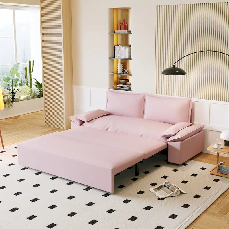 Pink Velvet 3-in-1 Pull-Out Queen Sofa Bed, 2-Person