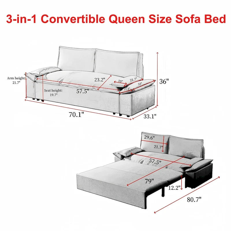 Pink Velvet 3-in-1 Pull-Out Queen Sofa Bed, 2-Person