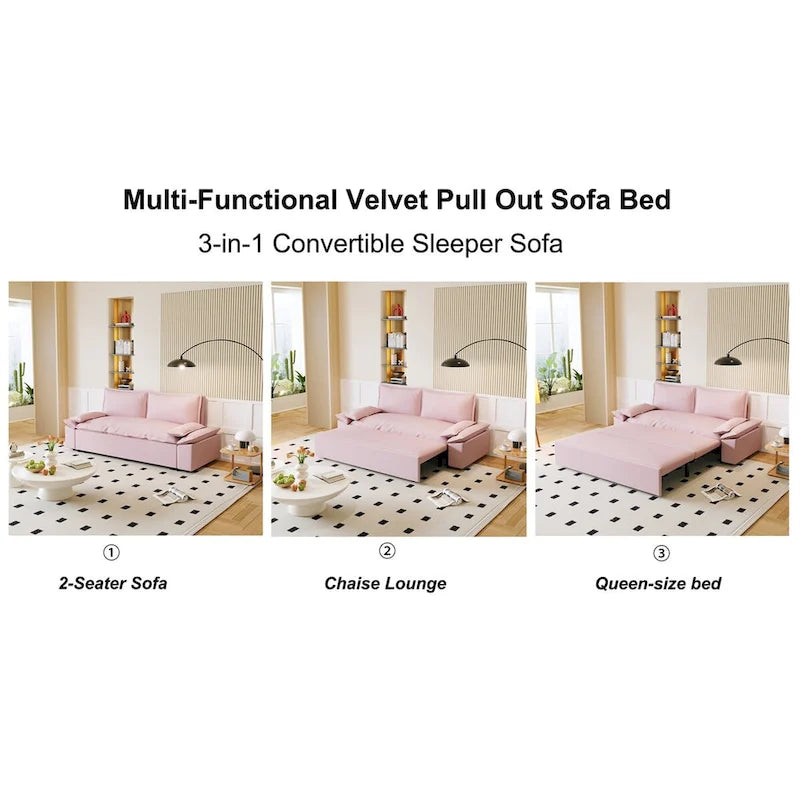 Pink Velvet 3-in-1 Pull-Out Queen Sofa Bed, 2-Person