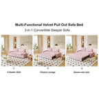 Pink Velvet 3-in-1 Pull-Out Queen Sofa Bed, 2-Person