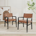 Black & Brown Woven PU Leather Rubberwood Dining Chairs with Arms, Set of 2