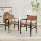 Black & Brown Woven PU Leather Rubberwood Dining Chairs with Arms, Set of 2