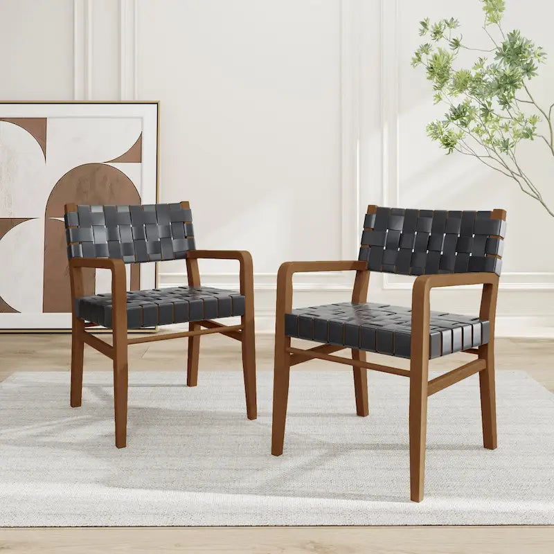 Prosen Morden Woven Leather Rubberwood Dining Chairs With Arms (Set of 2) by Christopher Knight Home