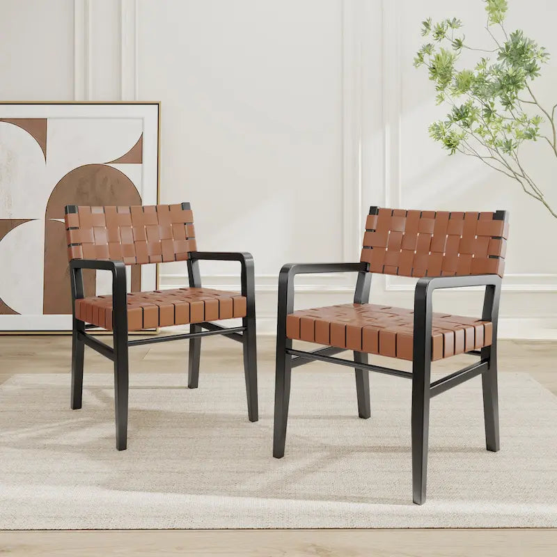 Black & Brown Woven PU Leather Rubberwood Dining Chairs with Arms, Set of 2