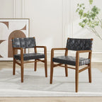 Black & Brown Woven PU Leather Rubberwood Dining Chairs with Arms, Set of 2