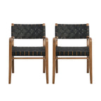 Black & Brown Woven PU Leather Rubberwood Dining Chairs with Arms, Set of 2