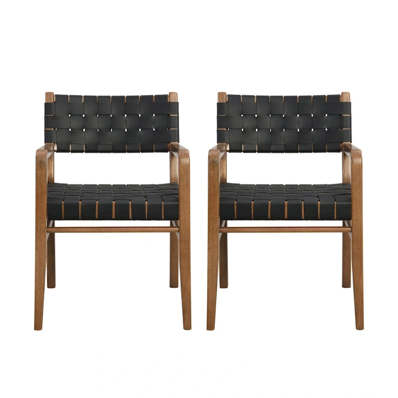 Black & Brown Woven PU Leather Rubberwood Dining Chairs with Arms, Set of 2