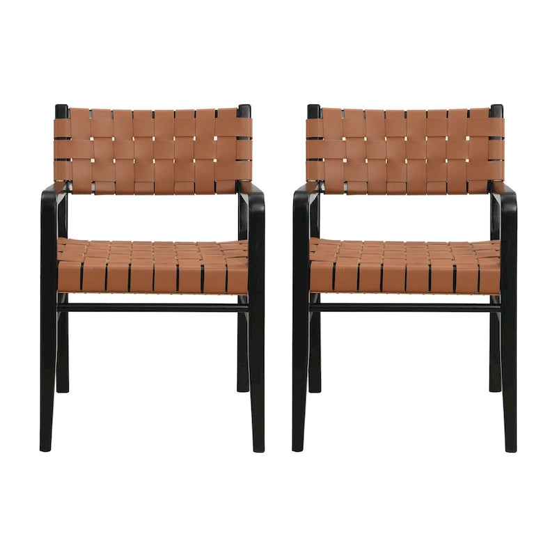 Black & Brown Woven PU Leather Rubberwood Dining Chairs with Arms, Set of 2