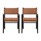 Black & Brown Woven PU Leather Rubberwood Dining Chairs with Arms, Set of 2