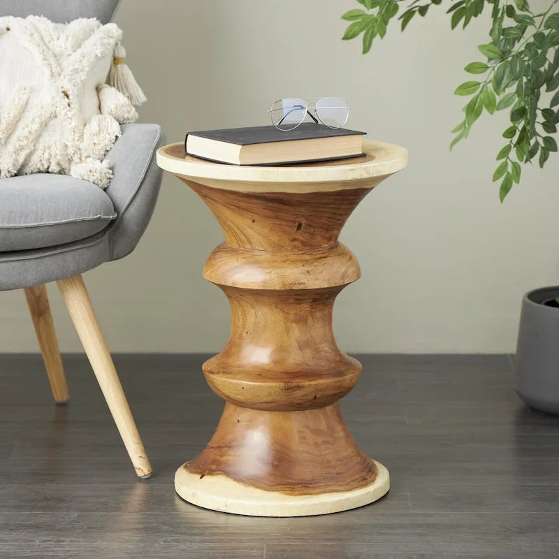 Brown Round Albizia Wood Side Table, Geometric Style, Single Use