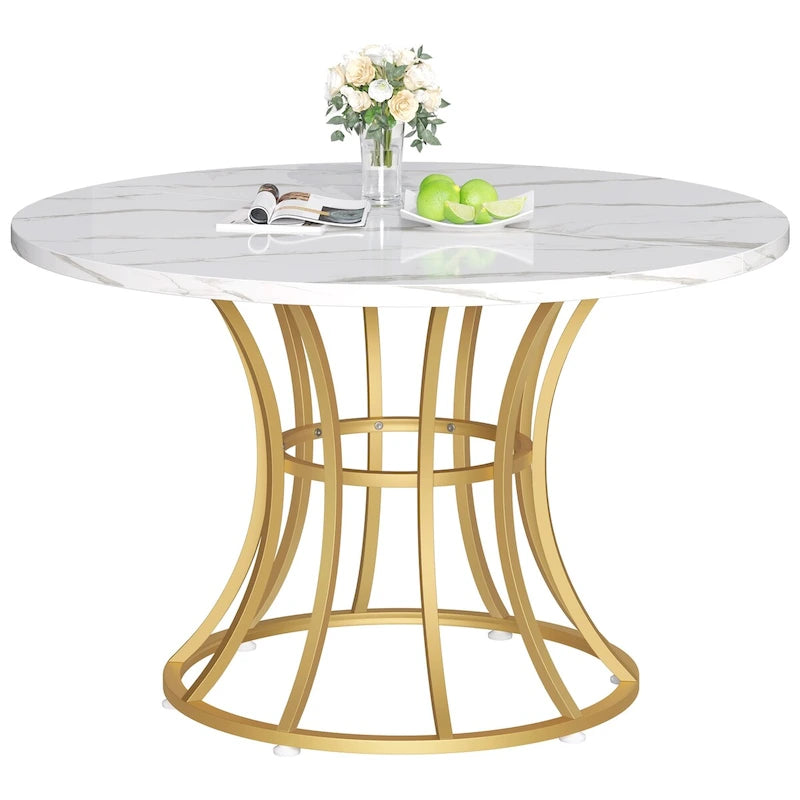 Table à manger ronde en faux marbre marron/noir et blanc/doré, 4 à 6 places
