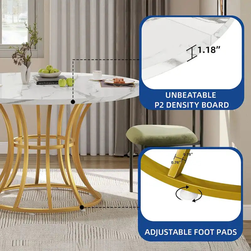 Brown/Black & White/Gold Faux Marble Round Dining Table, Seats 4–6