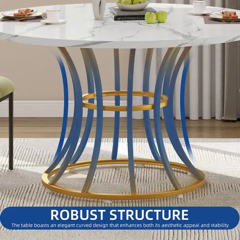 Brown/Black & White/Gold Faux Marble Round Dining Table, Seats 4–6