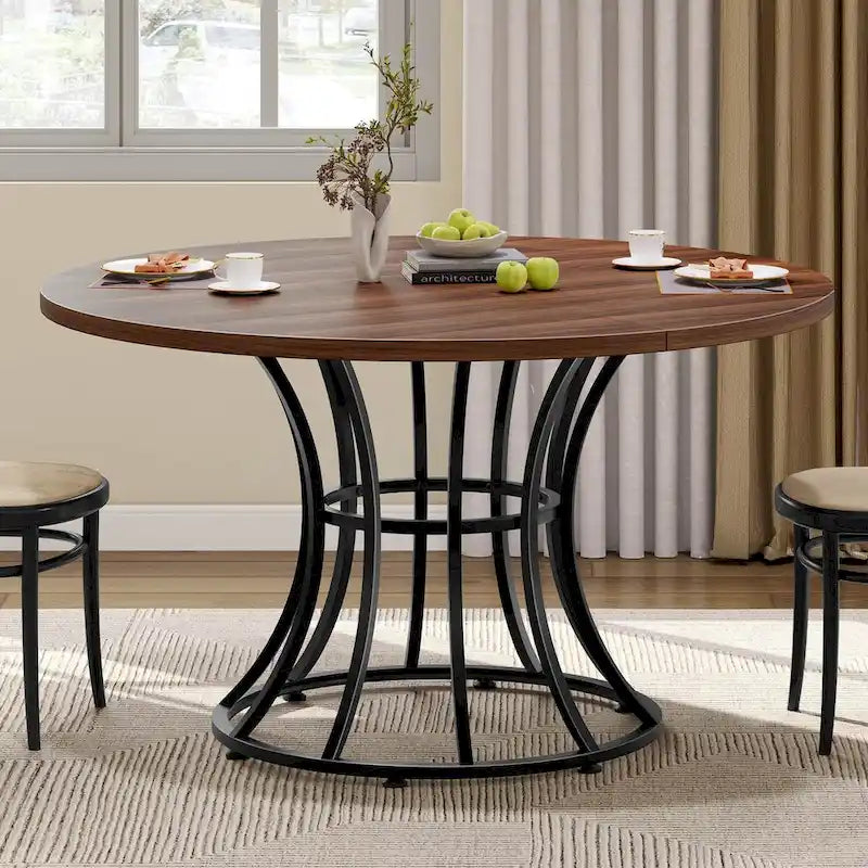 Brown/Black & White/Gold Faux Marble Round Dining Table, Seats 4–6