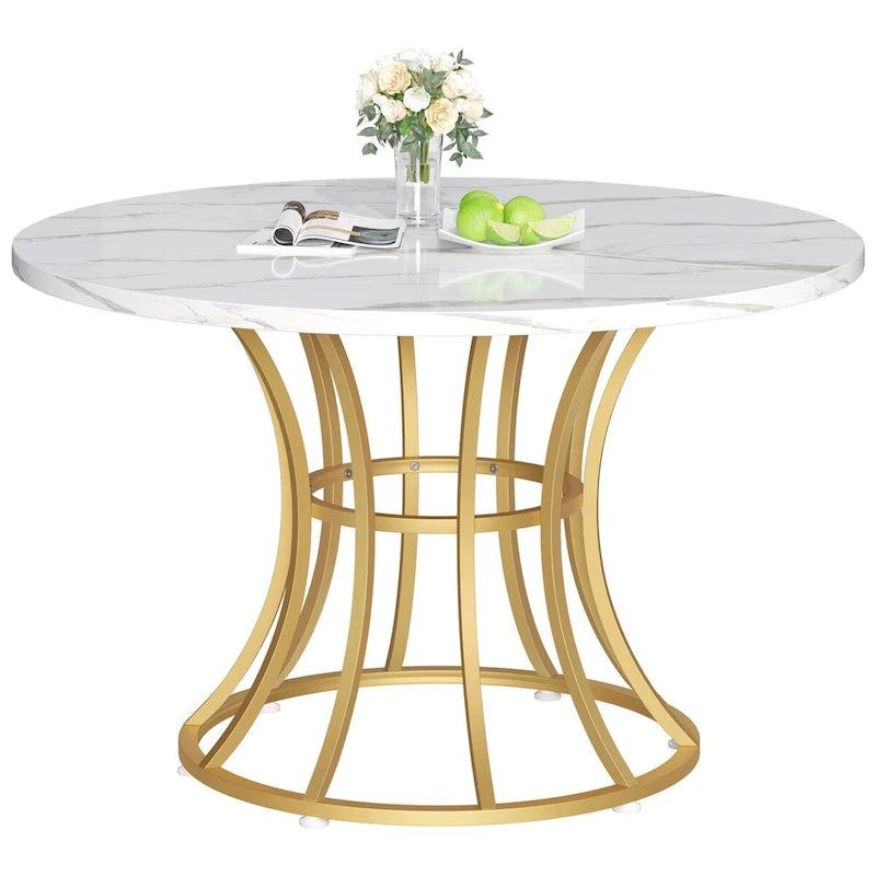 Brown/Black & White/Gold Faux Marble Round Dining Table, Seats 4–6