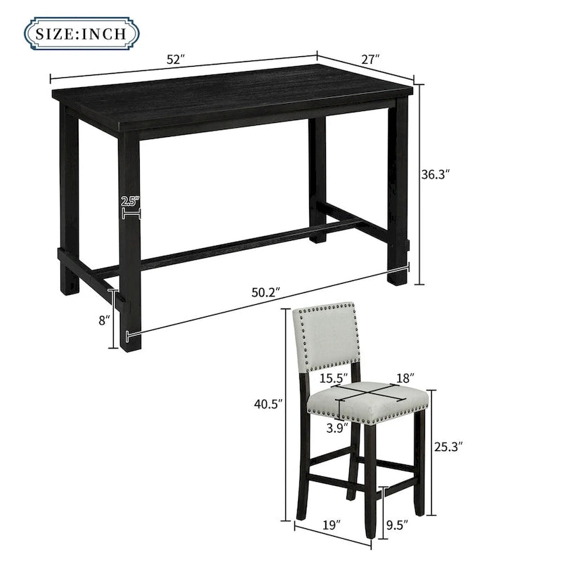 Black & Beige Counter Height Dining Set for 5 (1 Table + 4 Chairs)