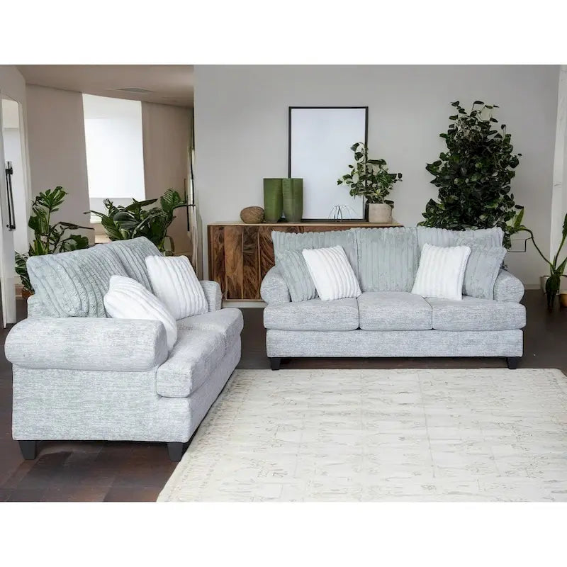 Grey Cord-Textured 2-Piece Sofa and Loveseat Set for 2–3 Seaters