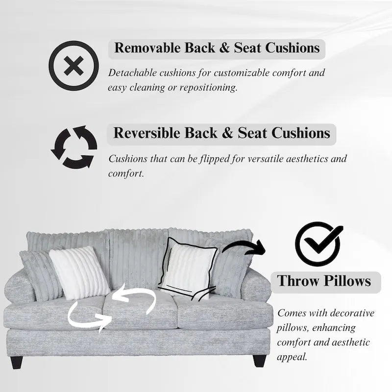 Grey Cord-Textured 2-Piece Sofa and Loveseat Set for 2–3 Seaters
