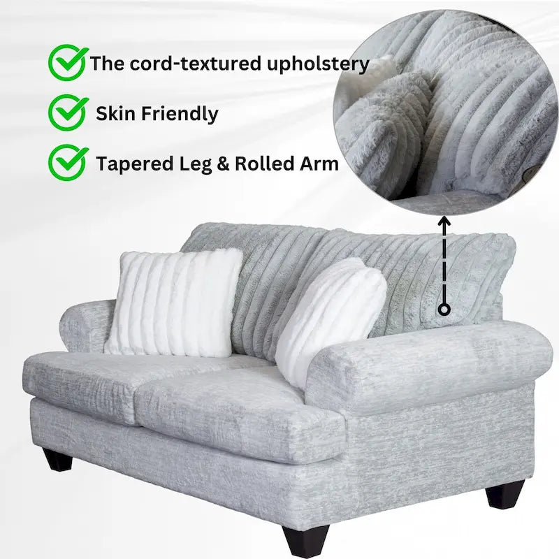 Grey Cord-Textured 2-Piece Sofa and Loveseat Set for 2–3 Seaters