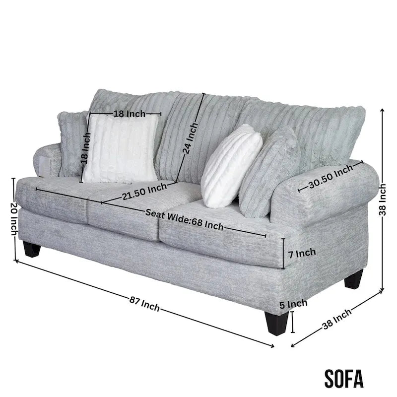 Grey Cord-Textured 2-Piece Sofa and Loveseat Set for 2–3 Seaters