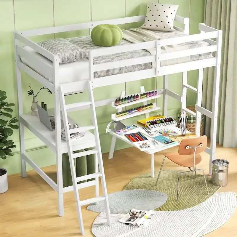 Twin Size Loft Bed with Desk, Shelf & 2 Ladders – White / Espresso / Grey, 1-Person