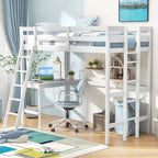 Twin Size Loft Bed with Desk, Shelf & 2 Ladders – White / Espresso / Grey, 1-Person