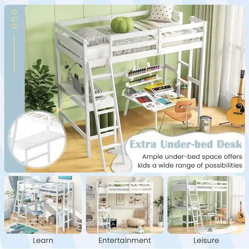 Twin Size Loft Bed with Desk, Shelf & 2 Ladders – White / Espresso / Grey, 1-Person