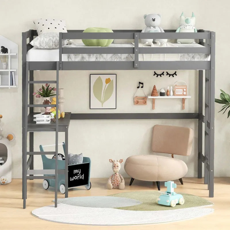 Twin Size Loft Bed with Desk, Shelf & 2 Ladders – White / Espresso / Grey, 1-Person