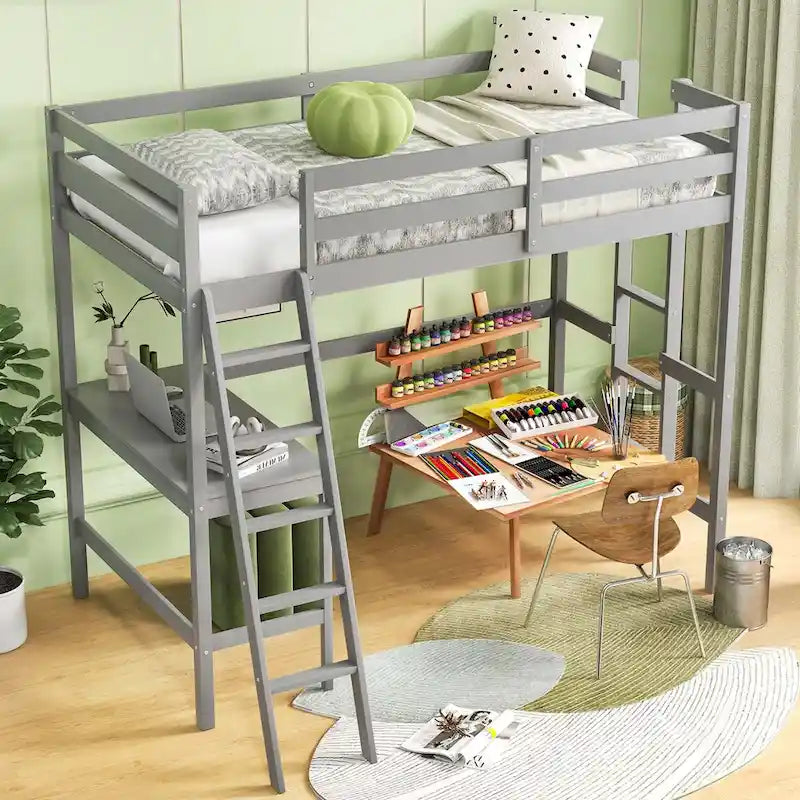 Twin Size Loft Bed with Desk, Shelf & 2 Ladders – White / Espresso / Grey, 1-Person