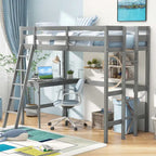 Twin Size Loft Bed with Desk, Shelf & 2 Ladders – White / Espresso / Grey, 1-Person