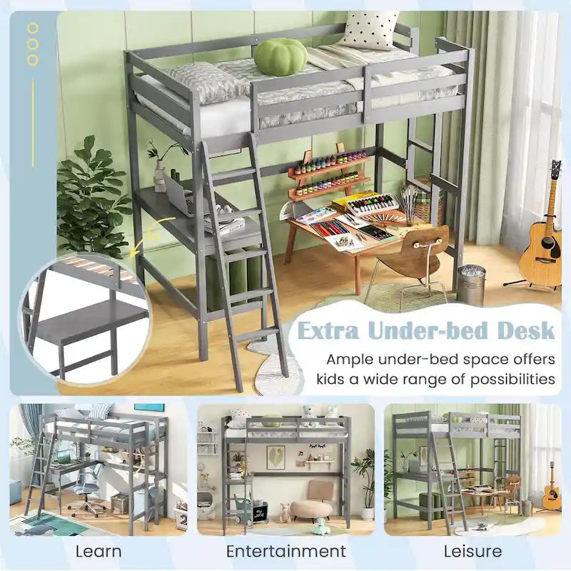 Twin Size Loft Bed with Desk, Shelf & 2 Ladders – White / Espresso / Grey, 1-Person