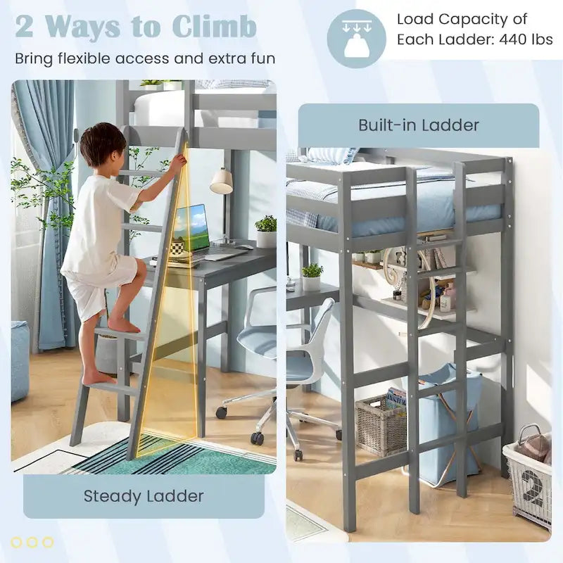 Twin Size Loft Bed with Desk, Shelf & 2 Ladders – White / Espresso / Grey, 1-Person