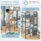 Twin Size Loft Bed with Desk, Shelf & 2 Ladders – White / Espresso / Grey, 1-Person