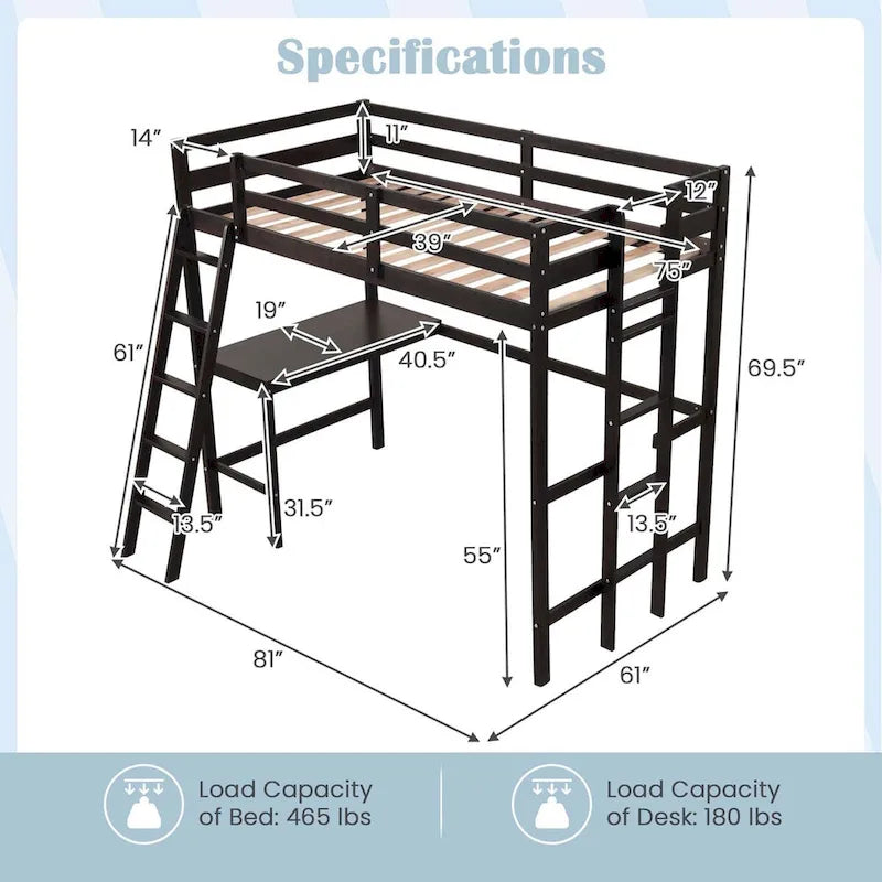 Twin Size Loft Bed with Desk, Shelf & 2 Ladders – White / Espresso / Grey, 1-Person