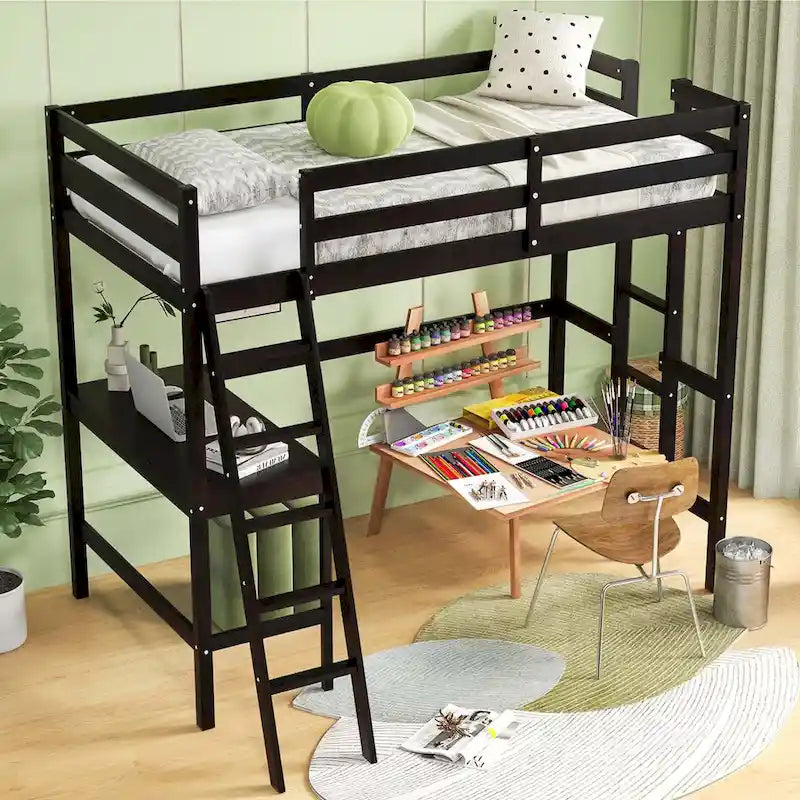 Twin Size Loft Bed with Desk, Shelf & 2 Ladders – White / Espresso / Grey, 1-Person
