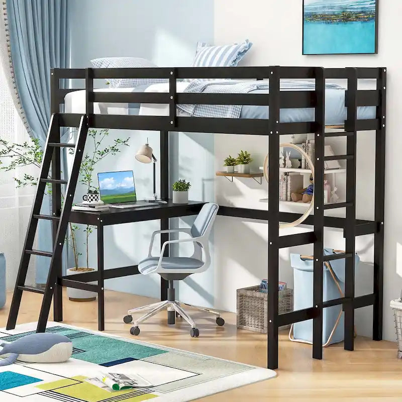 Twin Size Loft Bed with Desk, Shelf & 2 Ladders – White / Espresso / Grey, 1-Person
